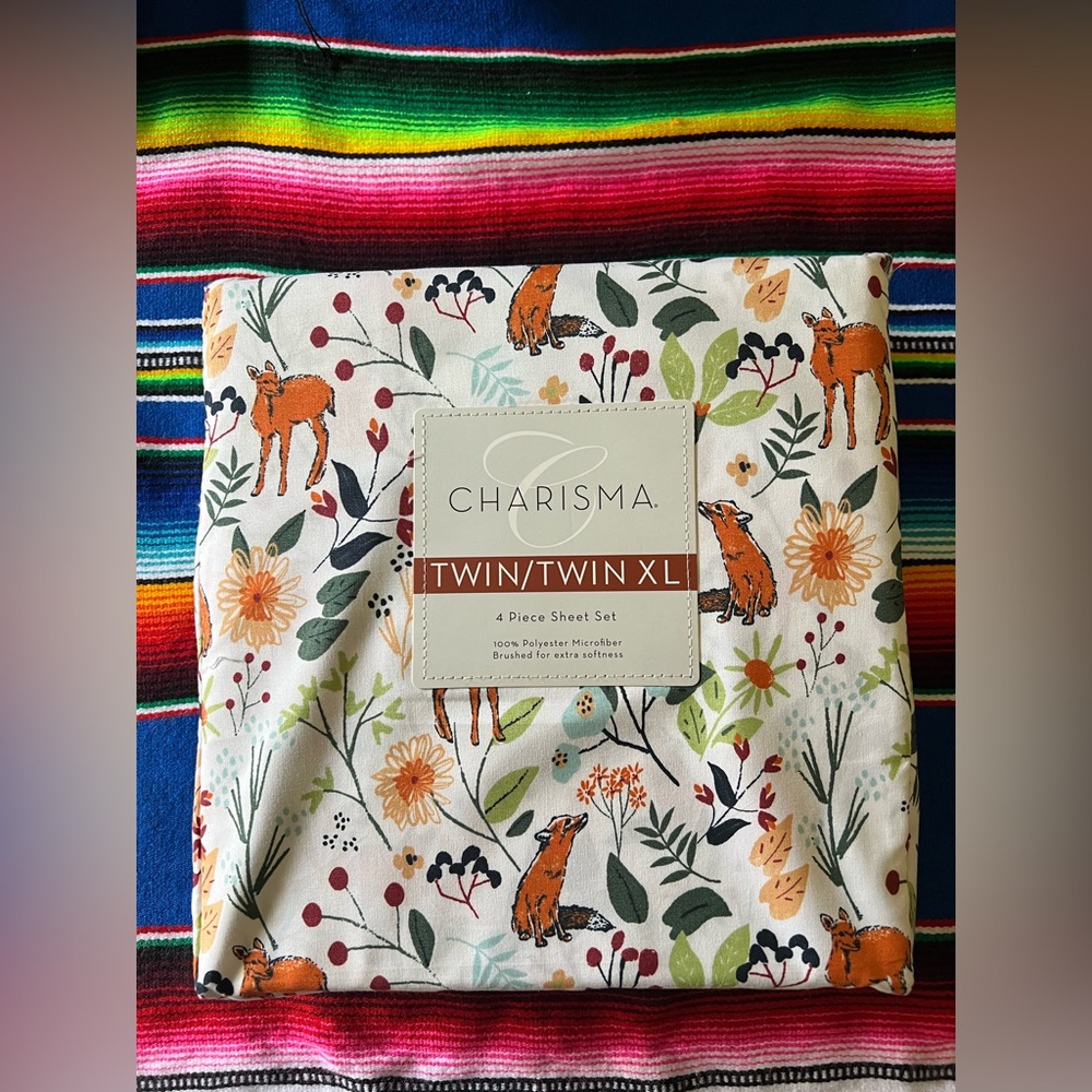 New Charisma Twin/Twin XL Floral Fox Sheet Set White Base Orange & Green Accents